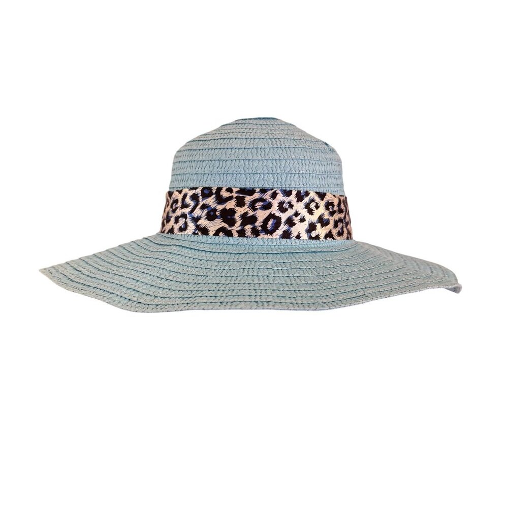 Womens Unbranded Light Blue Animal Print Tie Ribbon Synthetic Wide Straw Hat - Picture 2 of 8